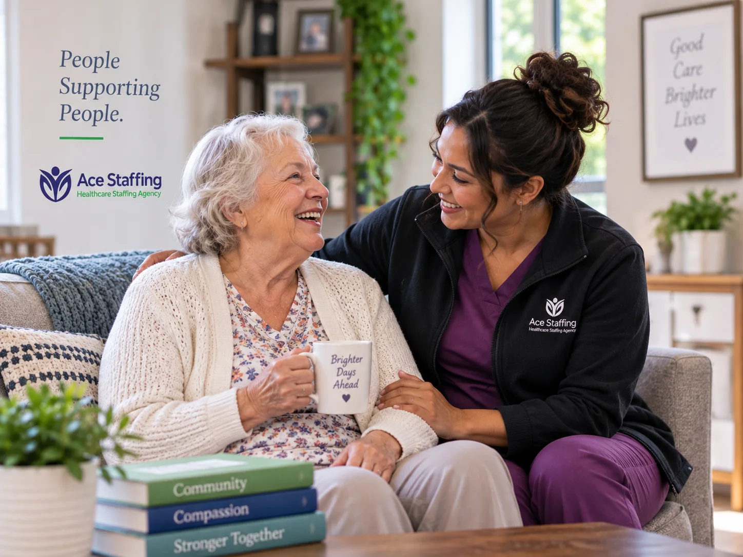 A caregiver and an older woman sharing a warm conversation at home