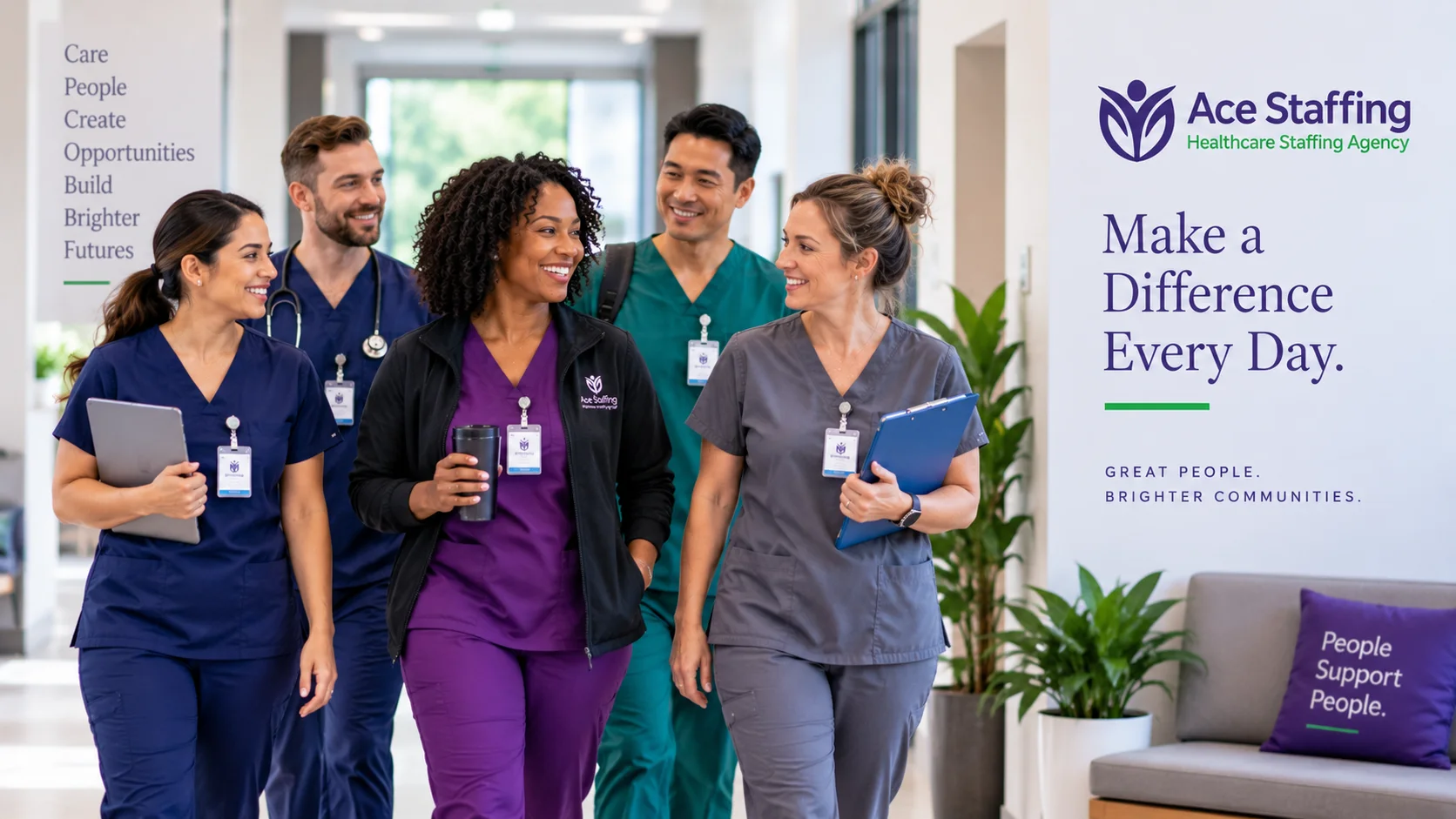 Healthcare colleagues talking together in a bright workplace