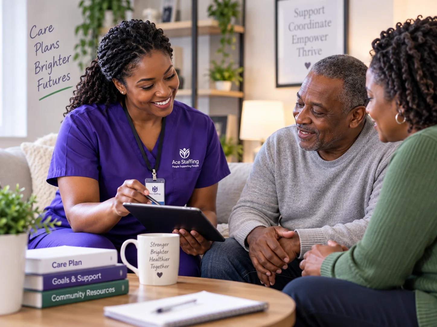 A care professional discussing a support plan with an older adult and family member