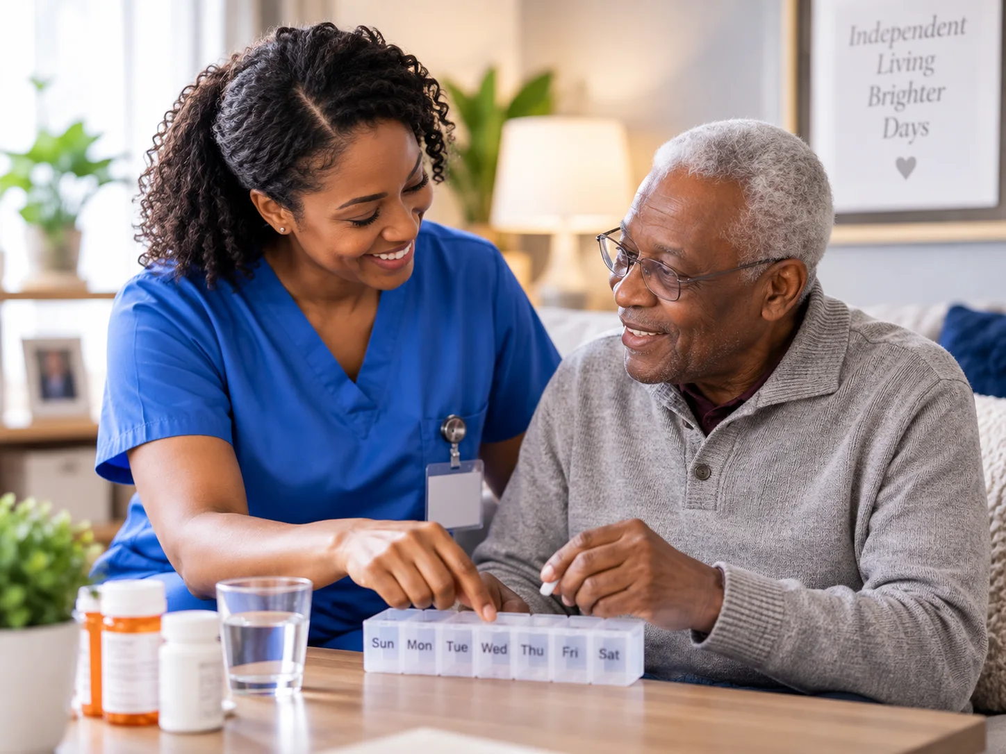 A caregiver helping an older adult organize medication